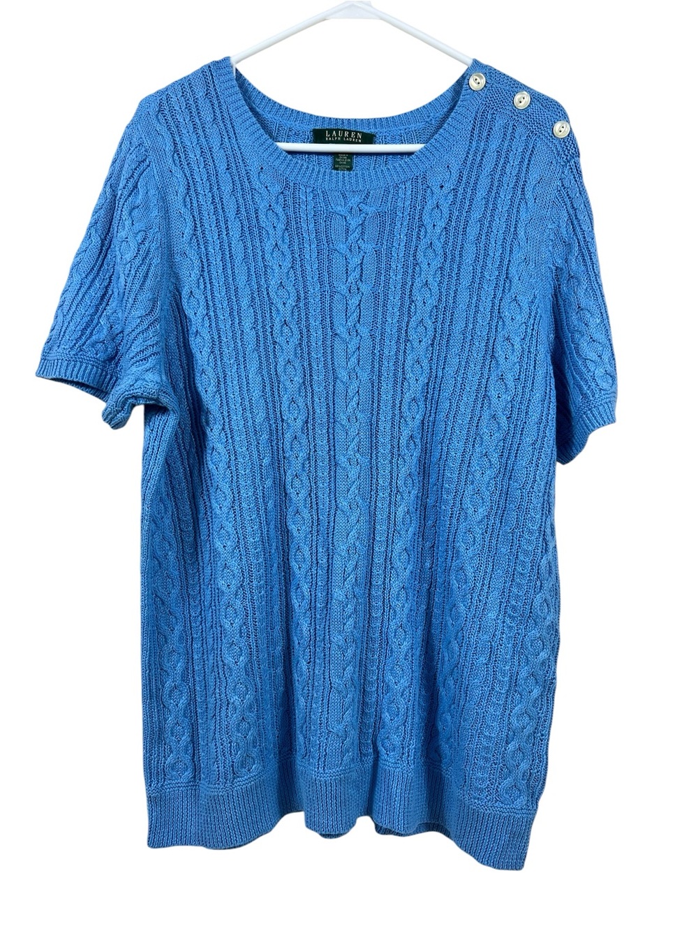 Lauren Ralph Lauren Blue Cable Knit Short Sleeve Sweater Button Shoulder size XL